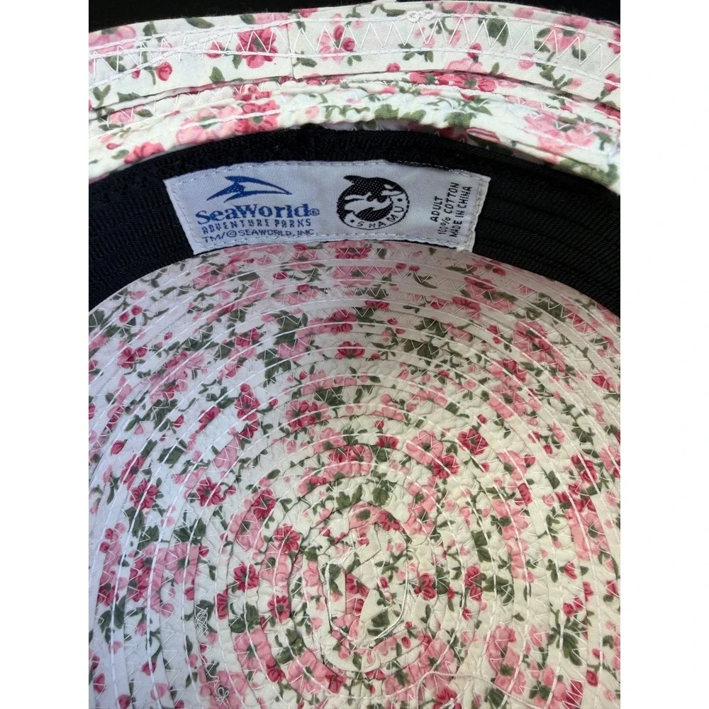 SeaWorld Floral Sun Hat Adult OS Pink White Braided 100% Cotton Wide Brim Beach